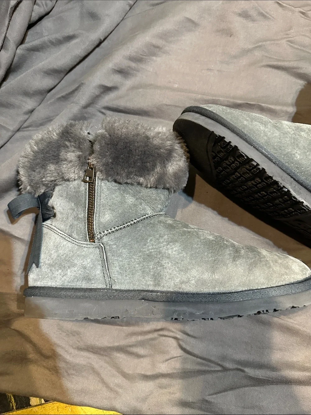 Lam Plush Faux Fur-Trim Gray Women's Winter Boots 9